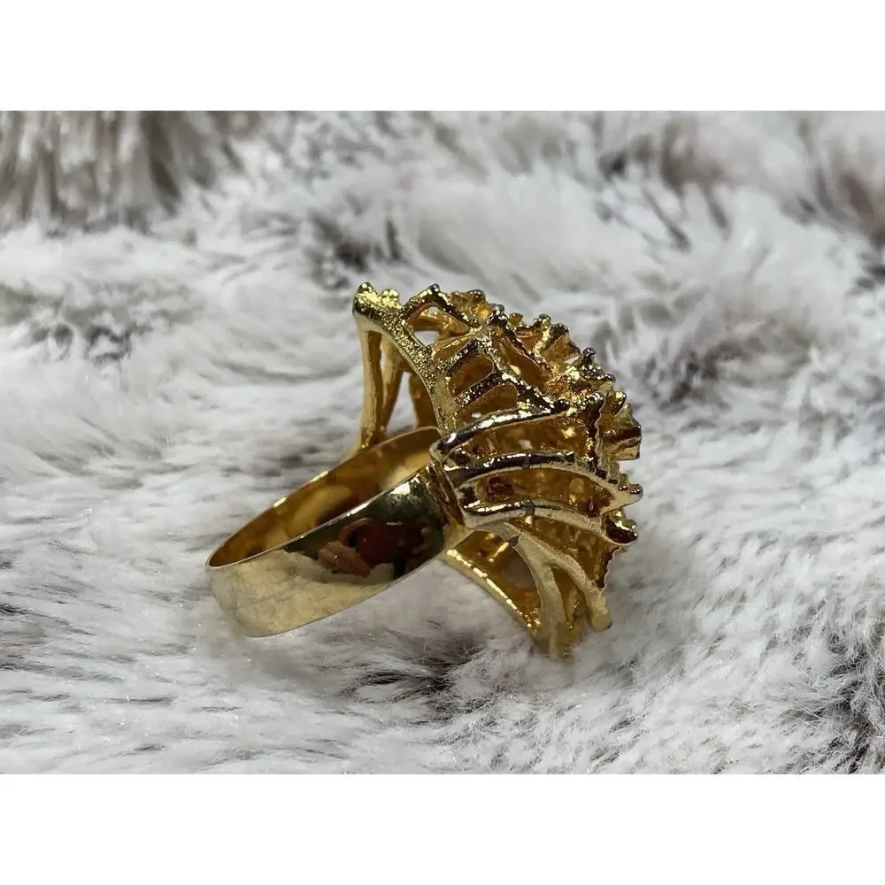 Vtg Jewelry By Linda Stella Gold Plated Cocktail Ring Insect Bee Leaves Sz 6.5